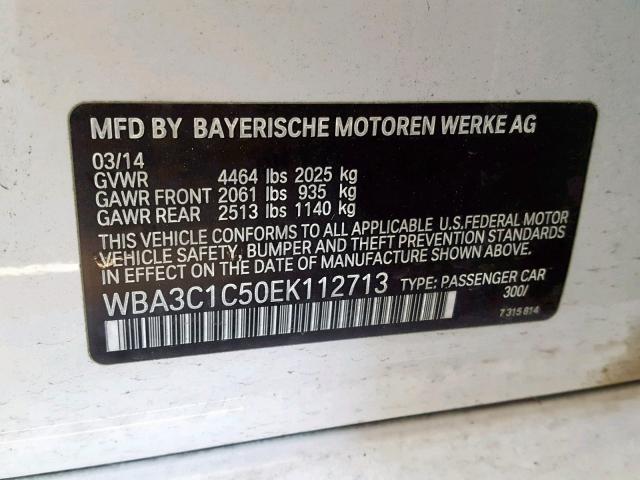 WBA3C1C50EK112713 - 2014 BMW 328 I SULE WHITE photo 10