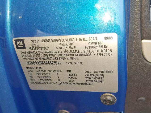 3GNBAADB5AS526911 - 2010 CHEVROLET HHR LS Azul foto 10