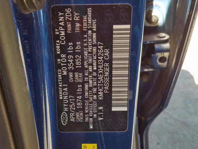 KMHCT5AEXHU342647 - 2017 HYUNDAI ACCENT SE BLUE photo 10