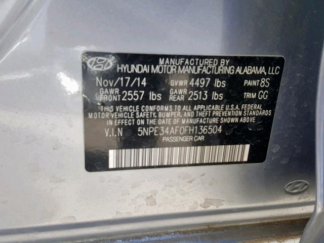 5NPE34AF0FH136504 - 2015 HYUNDAI SONATA SPO SILVER photo 10