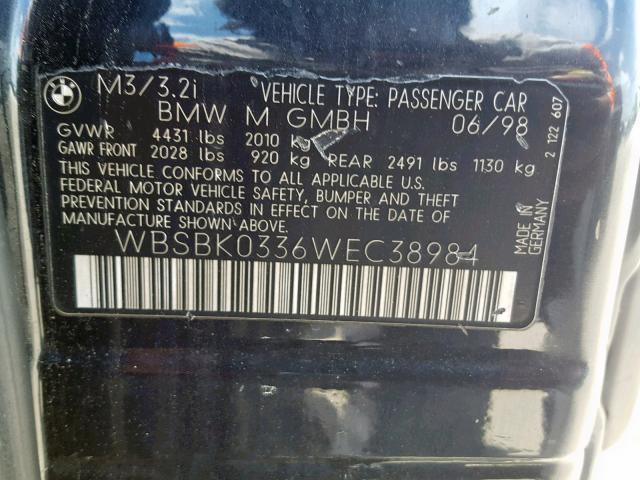 WBSBK0336WEC38984 - 1998 BMW M3 AUTOMAT TWO TONE photo 10