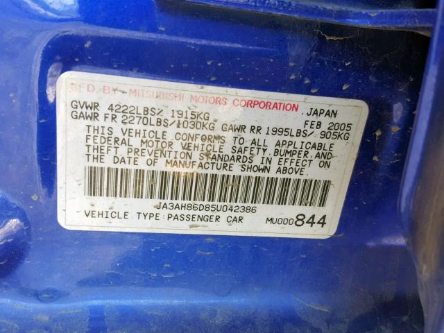 JA3AH86D85U042386 - 2005 MITSUBISHI LANCER EVO BLUE photo 10