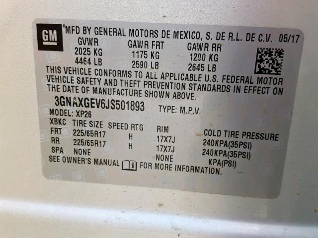 3GNAXGEV6JS501893 - 2018 CHEVROLET EQUINOX L SILVER photo 10