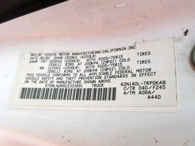 5TENL42N52Z101891 - 2002 TOYOTA TACOMA WHITE photo 10