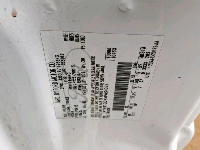 1FTYR10DX5PA54325 - 2005 FORD RANGER WHITE photo 10