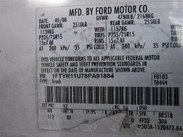 1FTYR11U78PA91884 - 2008 FORD RANGER WHITE photo 10