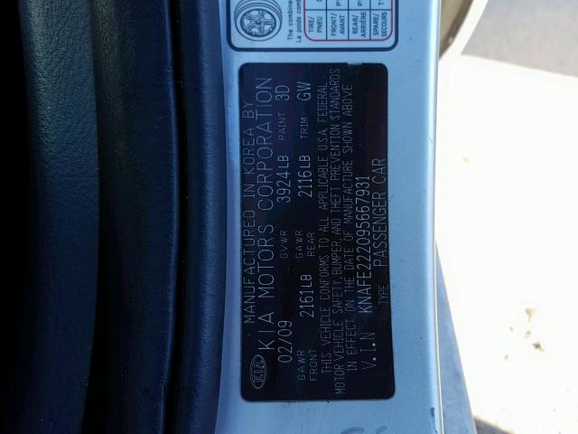 KNAFE222095667931 - 2009 KIA SPECTRA EX SILVER photo 10