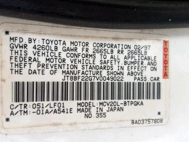 JT8BF22G7V0049022 - 1997 LEXUS ES 300 WHITE photo 10