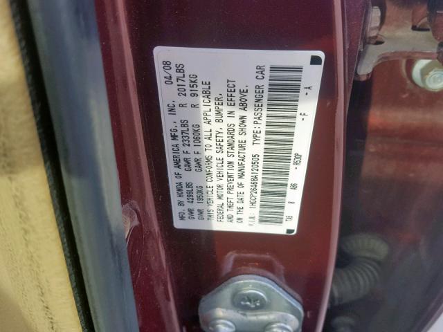 1HGCP26468A120505 - 2008 HONDA ACCORD LXP BURGUNDY photo 10