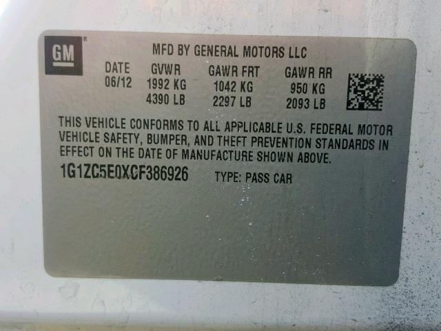 1G1ZC5E0XCF386926 - 2012 CHEVROLET MALIBU 1LT 白色 照片 10