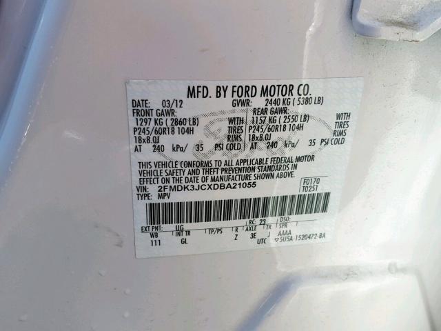 2FMDK3JCXDBA21055 - 2013 FORD EDGE SEL WHITE photo 10