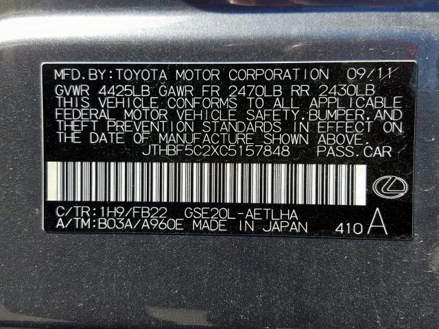 JTHBF5C2XC5157848 - 2012 LEXUS IS 250 GRAY photo 10