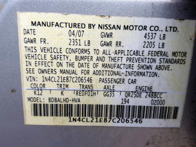 1N4CL21E87C206546 - 2007 NISSAN ALTIMA HYB SILVER photo 10