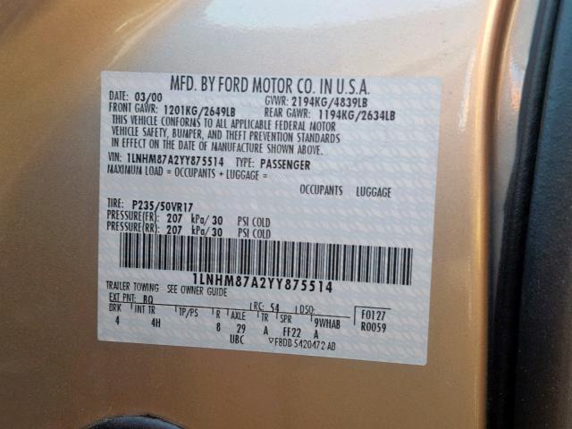 1LNHM87A2YY875514 - 2000 LINCOLN LS TAN photo 10