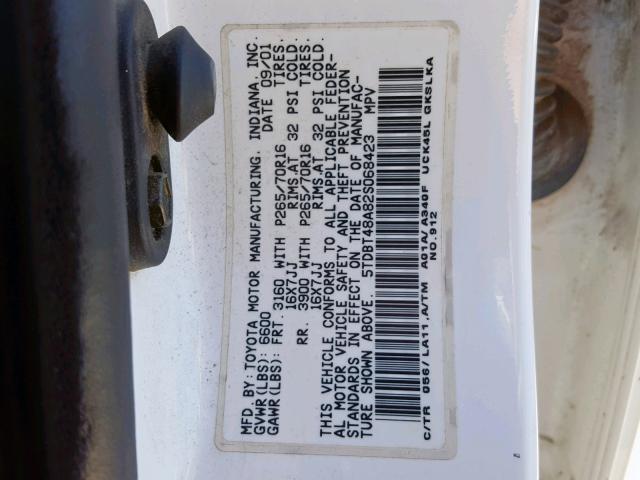 5TDBT48A82S068423 - 2002 TOYOTA SEQUOIA LI WHITE photo 10