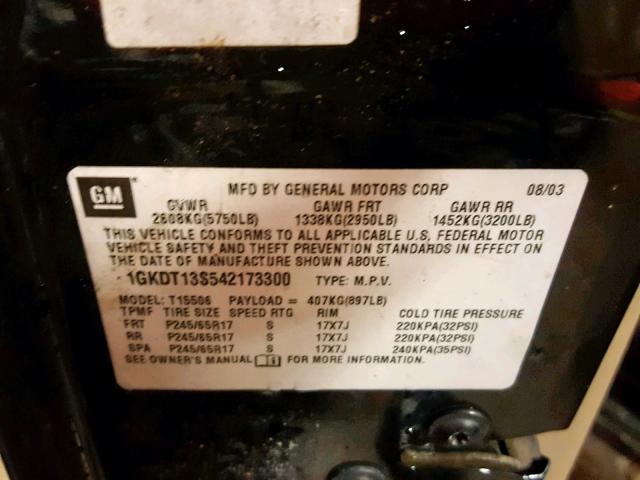 1GKDT13S542173300 - 2004 GMC ENVOY BLACK photo 10