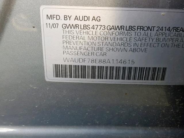 WAUDF78E88A114615 - 2008 AUDI A4 2.0T QU GRAY photo 10