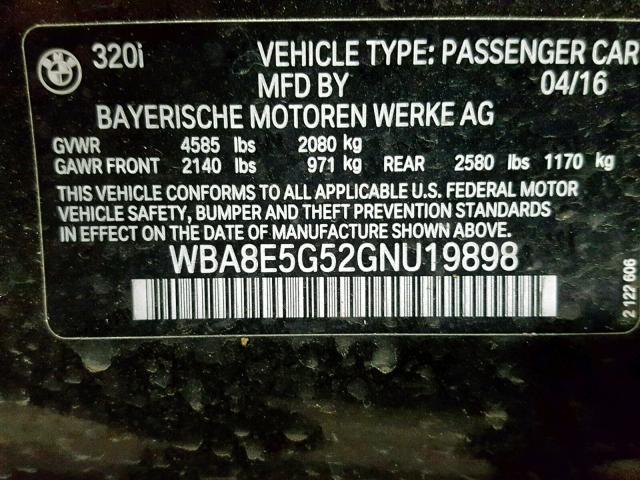 WBA8E5G52GNU19898 - 2016 BMW 320 XI BLACK photo 10