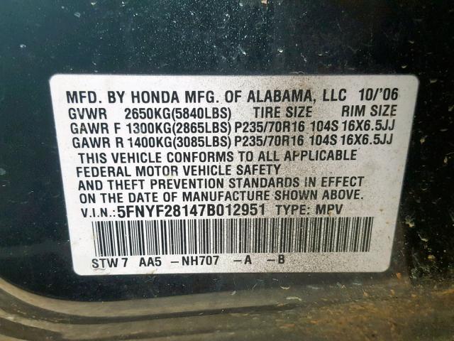 5FNYF28147B012951 - 2007 HONDA PILOT LX BLACK photo 10