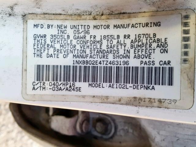 1NXBB02E4TZ463196 - 1996 TOYOTA COROLLA DX WHITE photo 10