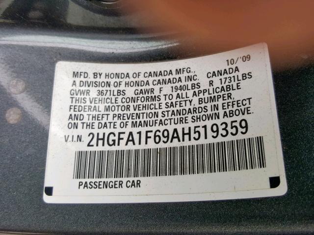 2HGFA1F69AH519359 - 2010 HONDA CIVIC LX-S GRAY photo 10