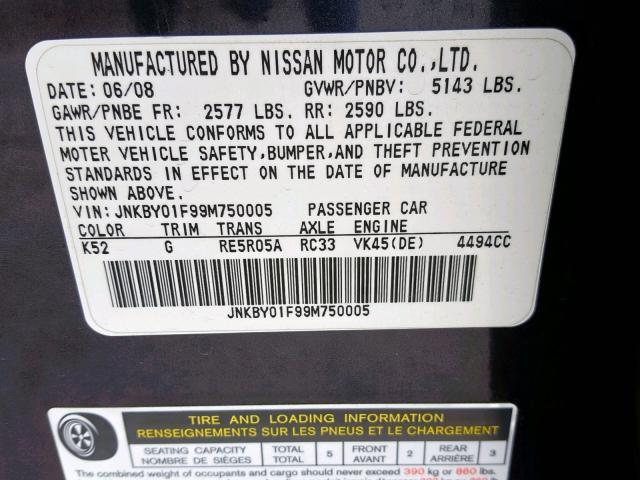 JNKBY01F99M750005 - 2009 INFINITI M45 GRAY photo 10