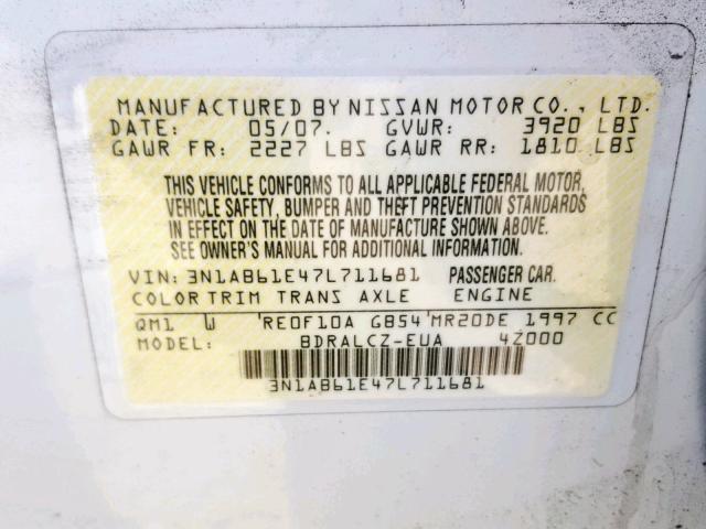 3N1AB61E47L711681 - 2007 NISSAN SENTRA 2.0 WHITE photo 10