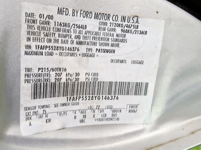 1FAFP5528YG146376 - 2000 FORD TAURUS SES SILVER photo 10