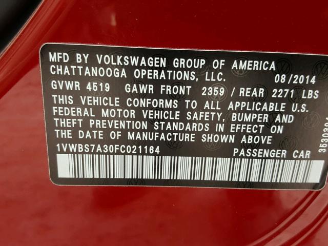 1VWBS7A30FC021164 - 2015 VOLKSWAGEN PASSAT SE RED photo 10