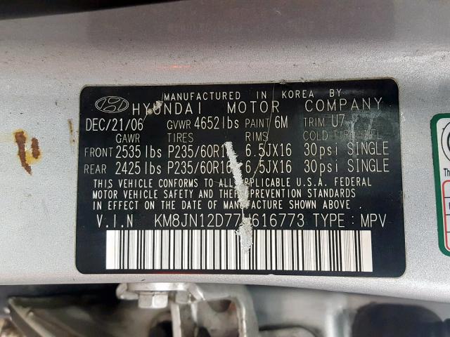 KM8JN12D77U616773 - 2007 HYUNDAI TUCSON SE SILVER photo 10