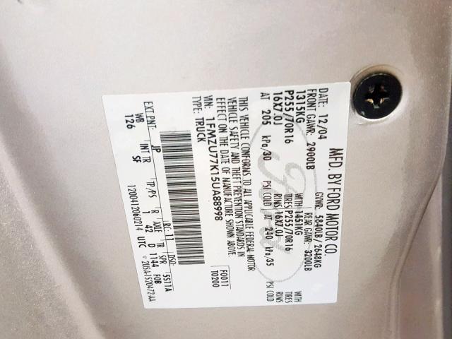 1FMZU67K85UB74559 - 2005 FORD EXPLORER S 银色 照片 10