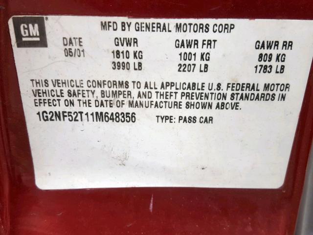 1G2NF52T11M648356 - 2001 PONTIAC GRAND AM S RED photo 10