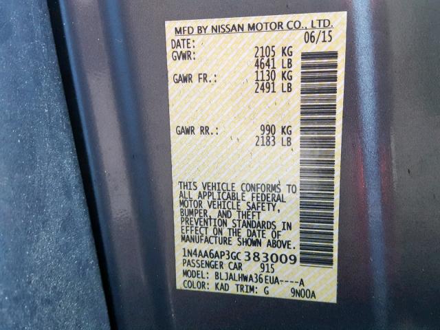 1N4AA6AP3GC383009 - 2016 NISSAN MAXIMA 3.5 GRAY photo 10