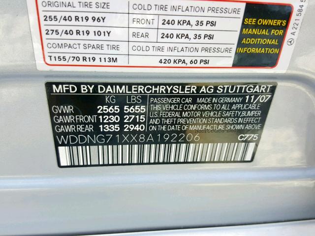 WDDNG71XX8A192206 - 2008 MERCEDES-BENZ S 550 SILVER photo 10