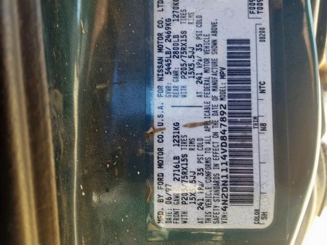 4N2DN1114VD847892 - 1997 NISSAN QUEST XE GREEN photo 10