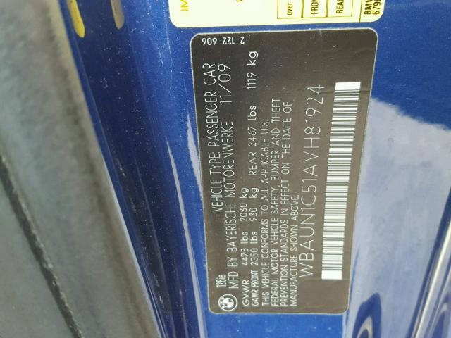 WBAUN1C51AVH81924 - 2010 BMW 128 I BLUE photo 10