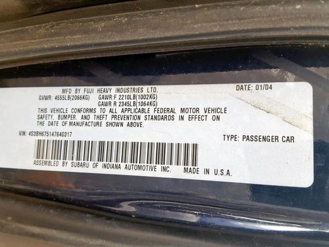 4S3BH675147640317 - 2004 SUBARU LEGACY OUT BLUE photo 10