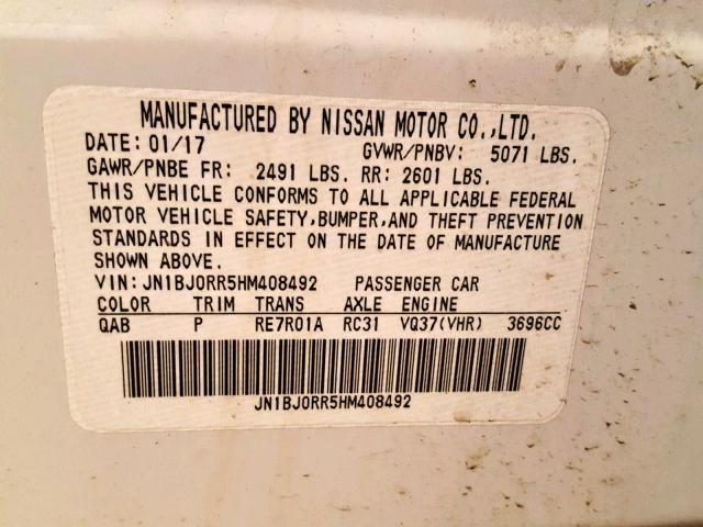 JN1BJ0RR5HM408492 - 2017 INFINITI QX50 WHITE photo 10