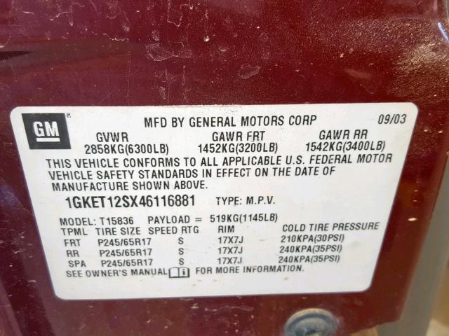 1GKET12SX46116881 - 2004 GMC ENVOY XUV MAROON photo 10