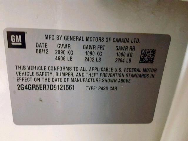 2G4GR5ER7D9121561 - 2013 BUICK REGAL WHITE photo 10