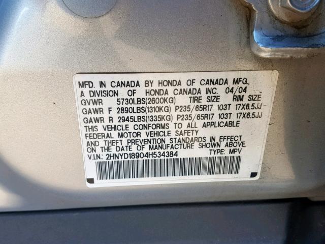 2HNYD18904H534384 - 2004 ACURA MDX TOURIN SILVER photo 10