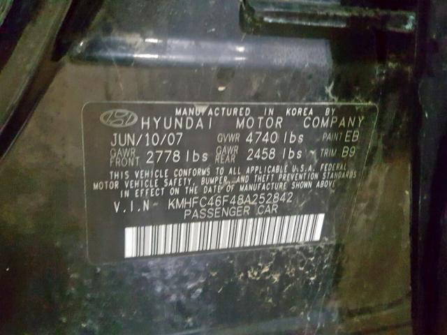 KMHFC46F48A252842 - 2008 HYUNDAI AZERA SE BLACK photo 10