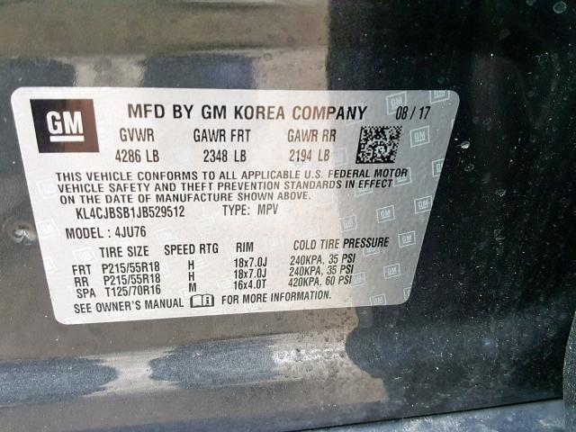 KL4CJBSB1JB529512 - 2018 BUICK ENCORE PRE GRAY photo 10