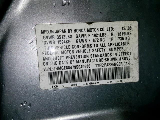 JHMGE88479S040680 - 2009 HONDA FIT SPORT GRAY photo 10