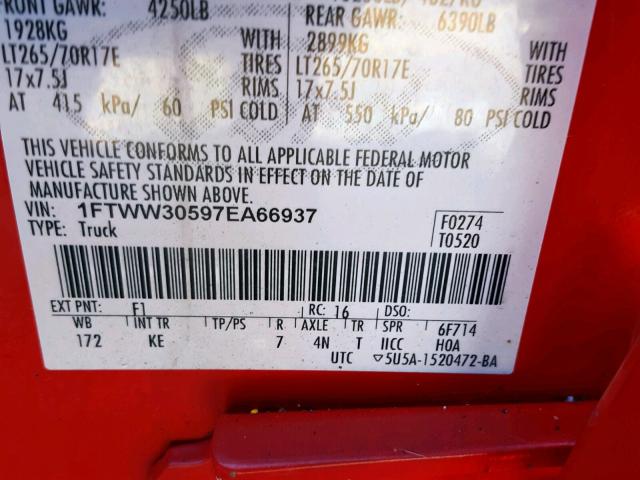 1FTWW30597EA66937 - 2007 FORD F350 SRW S RED photo 10