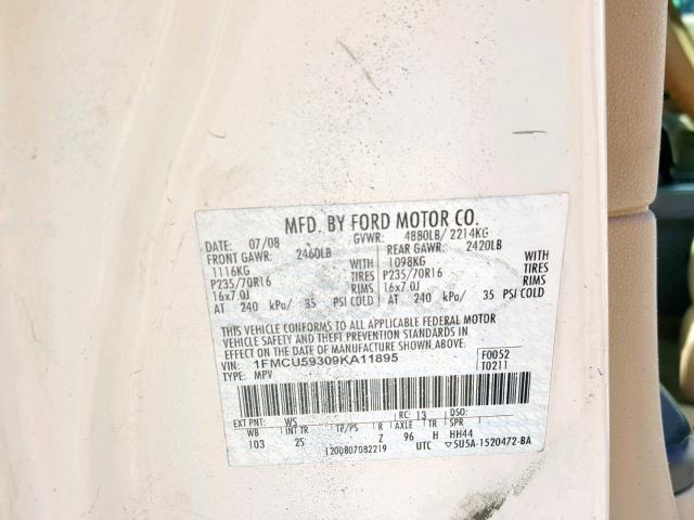 1FMCU59309KA11895 - 2009 FORD ESCAPE HYB WHITE photo 10