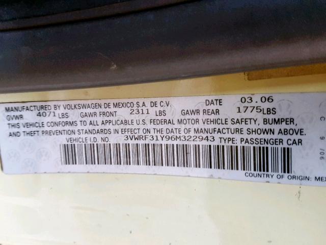 3VWRF31Y96M322943 - 2006 VOLKSWAGEN NEW BEETLE ყვითელი ფოტო 10