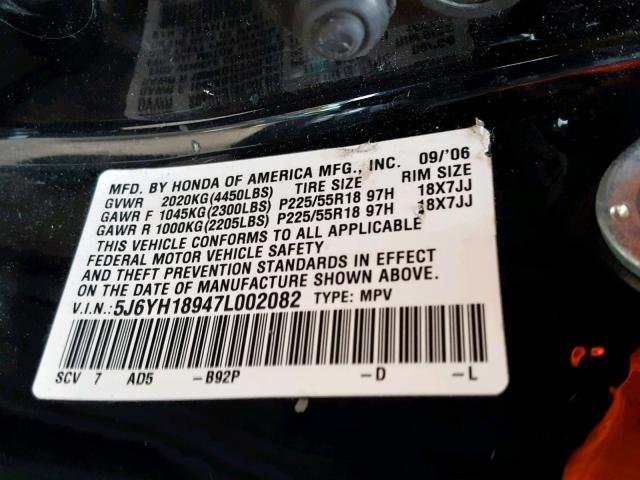 5J6YH18947L002082 - 2007 HONDA ELEMENT SC BLACK photo 10