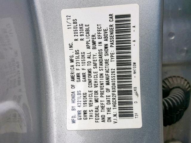 1HGCR2F8XDA055262 - 2013 HONDA ACCORD EXL SILVER photo 10