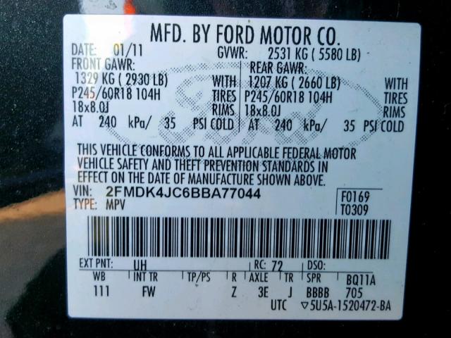 2FMDK4JC6BBA77044 - 2011 FORD EDGE SEL BLACK photo 10